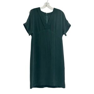 IKKS Women Silk Shift Dress 36 Small Dark Green Cutout Sleeve Elegant Minimalist